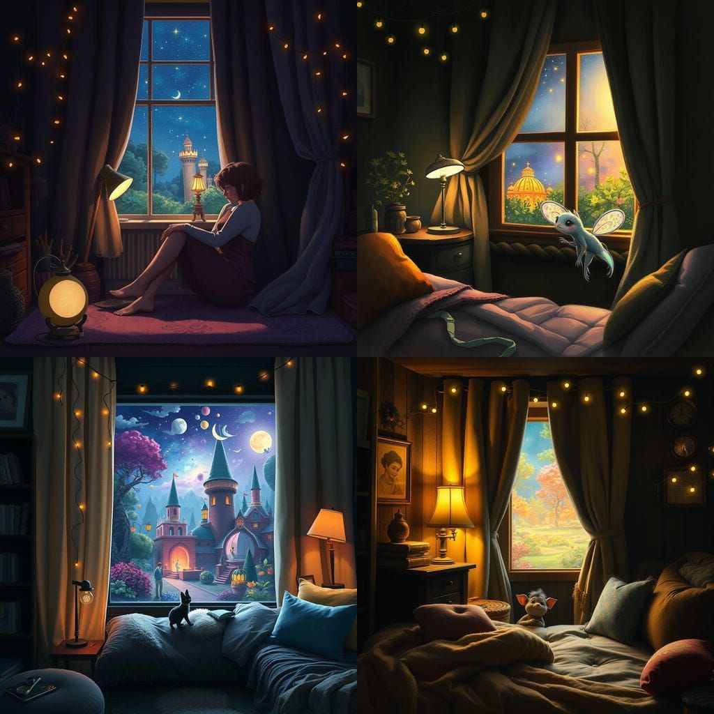 Cozy Room with Fairy Lights and Fantasy Glimpse