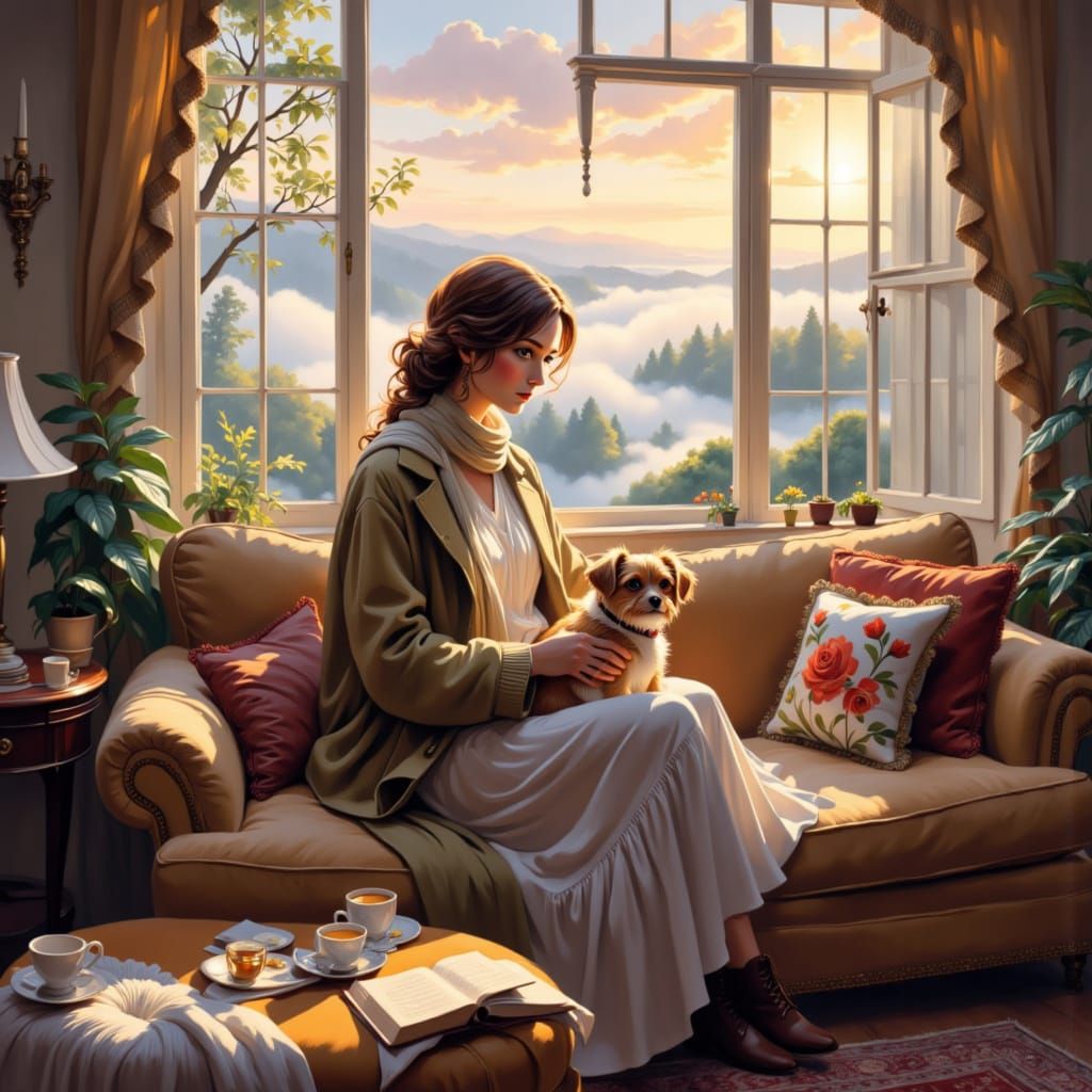 Woman with Dog and Fantasy Landscape Oil Painting