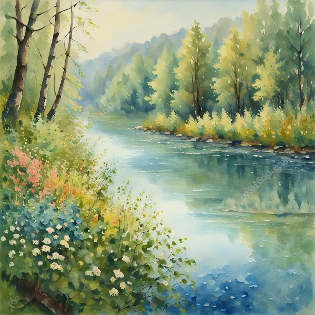 Norwegian River in Summer Forest, Impasto Watercolor