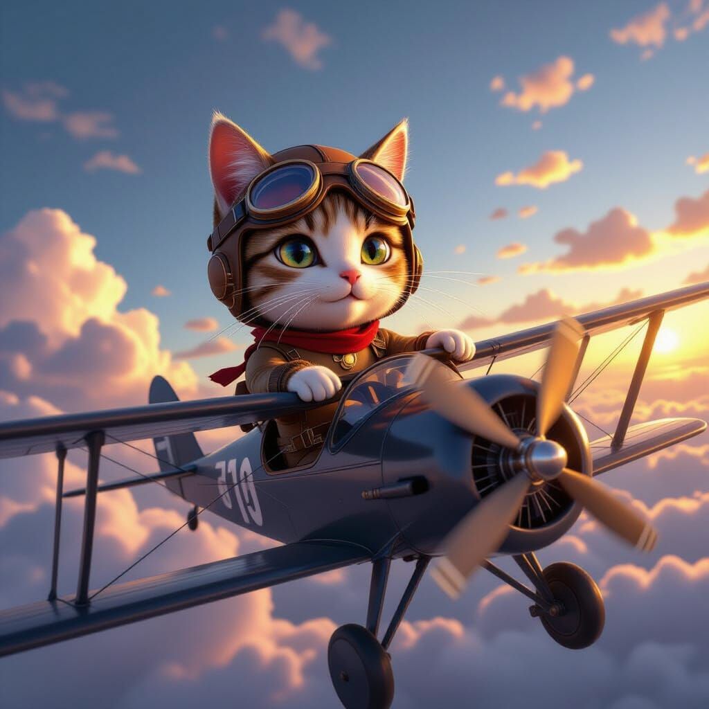 Cat Pilot Soars Through Sunset Sky in 3D Anime Style