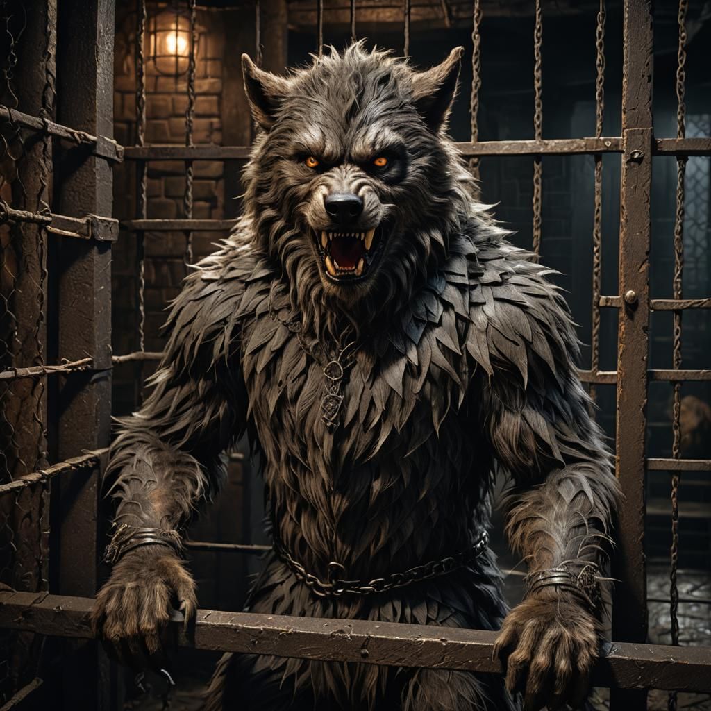 Caged Werewolf in Dark Basement, Detailed Matte Painting