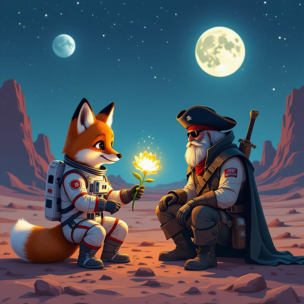 Cute Fox Astronaut Offers Space Flower to Pirate