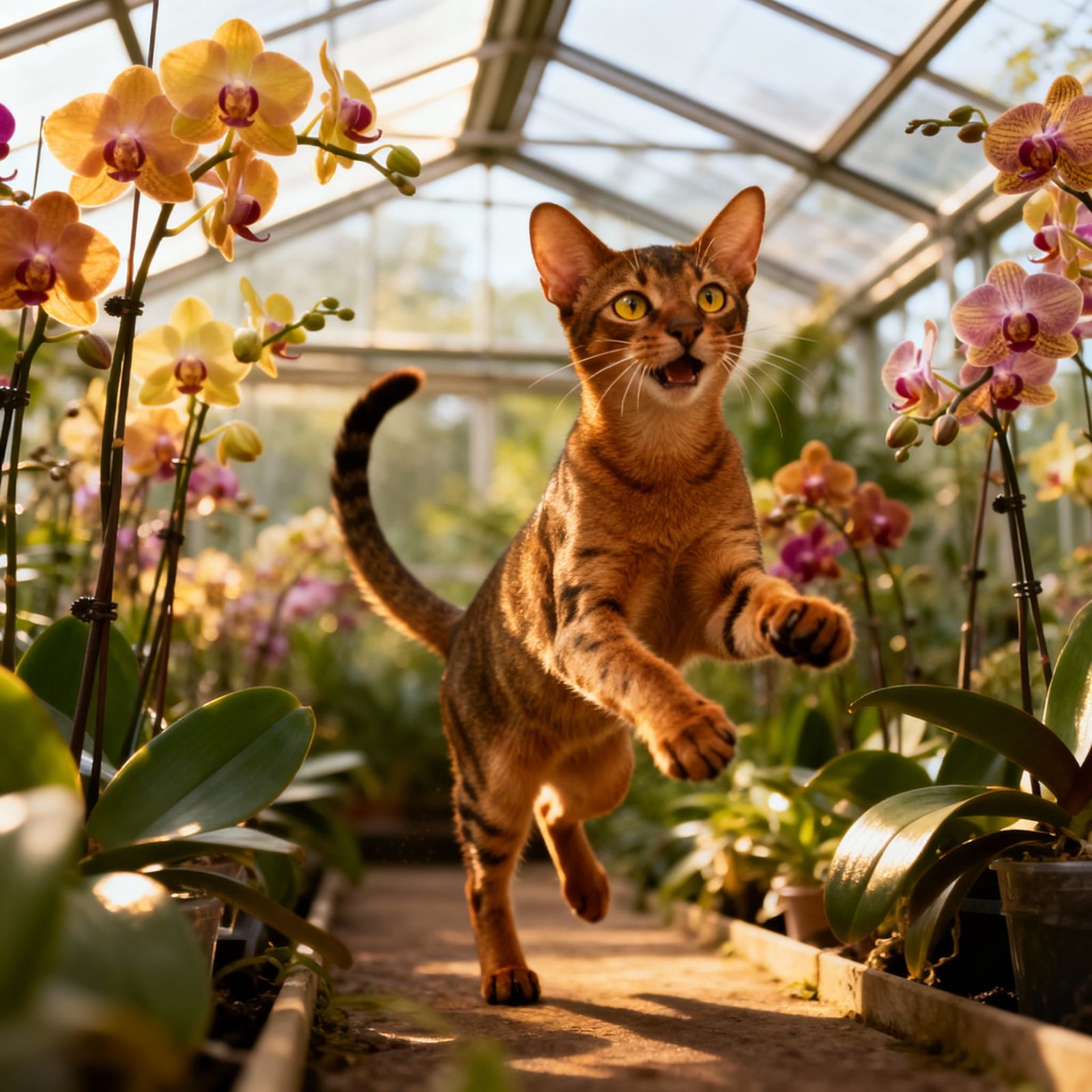A happy Abyssinian cat frolicking in a greenhouse full of orchids.