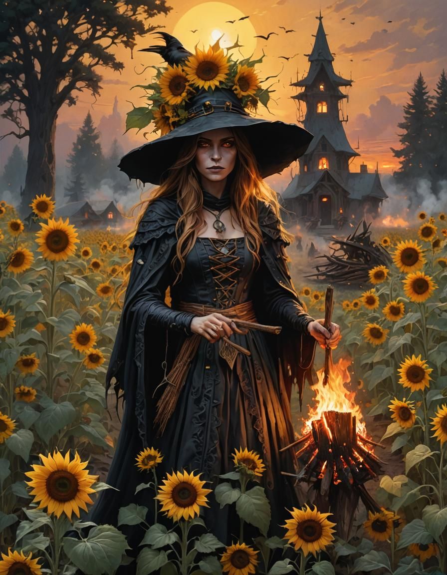Summer Solstice Witch at Sunflower Bonfire