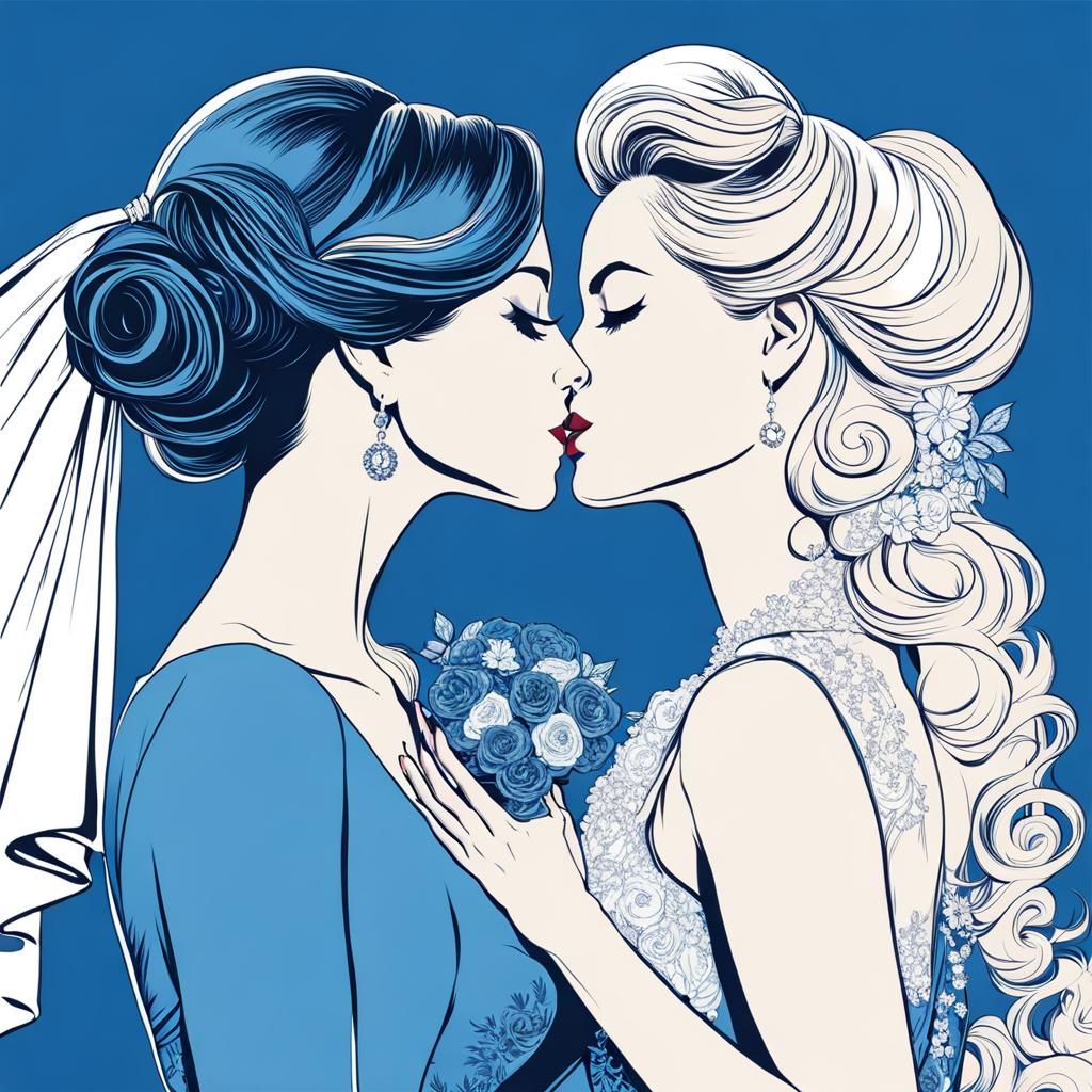 Woman Kissing Bride: Blue and White Wedding