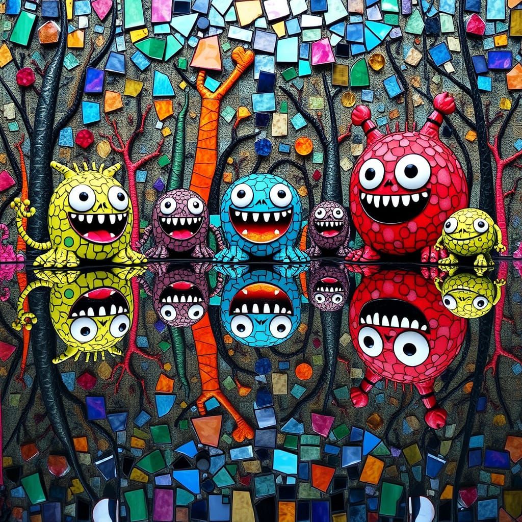 Vibrant Mosaic Masterpiece with Happy Monsters in Perfect Ha...