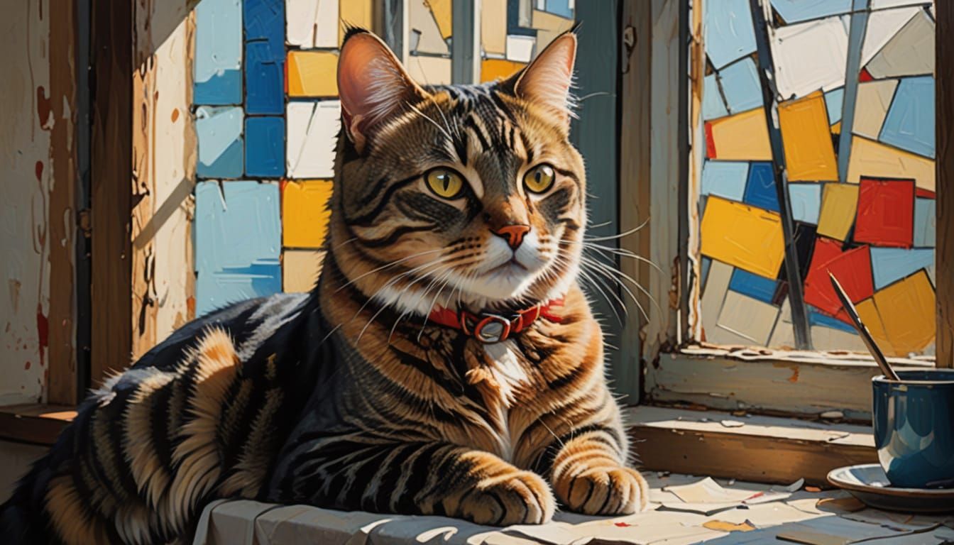 Cubist Portrait of a Tabby Cat in Vibrant Warmth