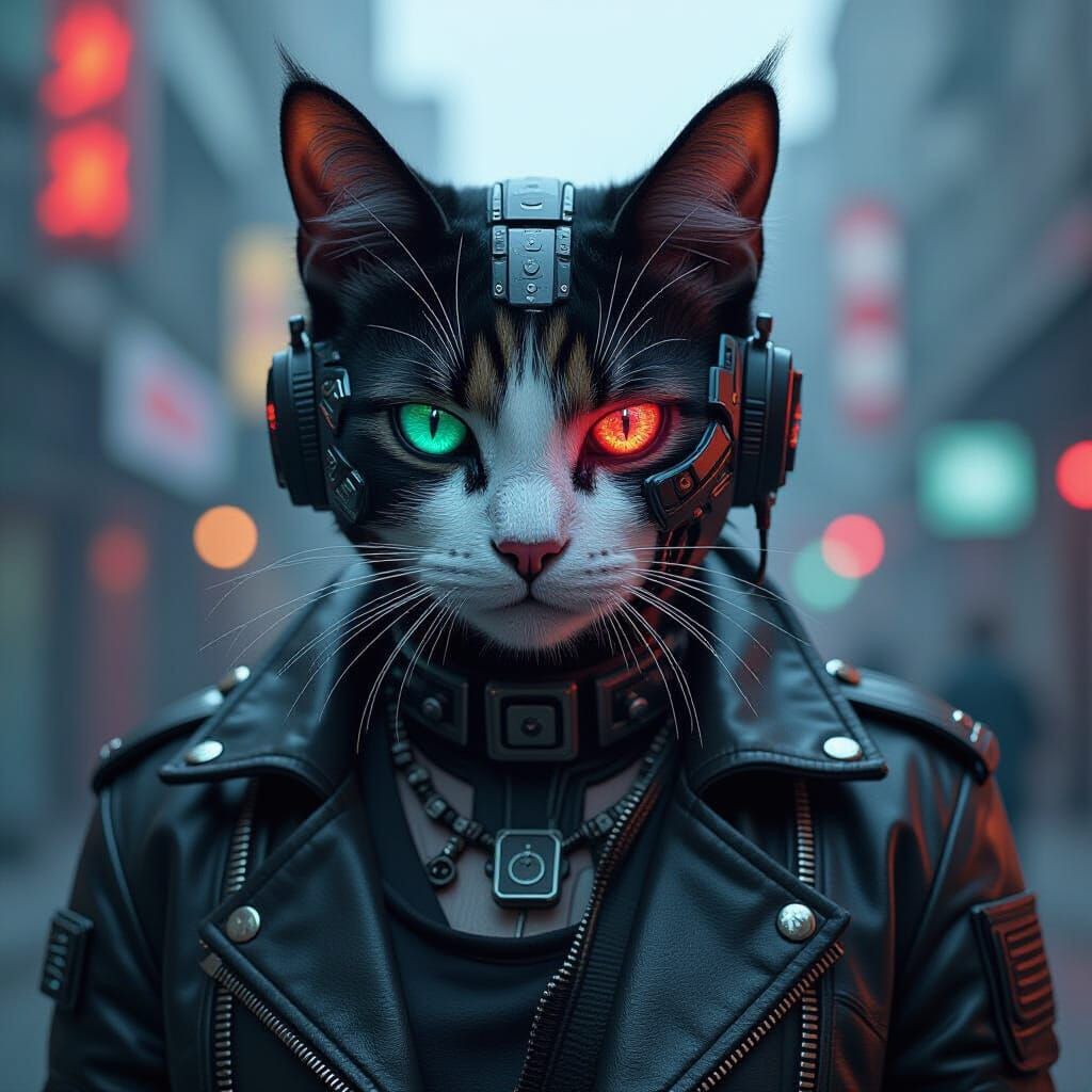 Cyberpunk Cat with Neon Tattoos and Metallic Implants