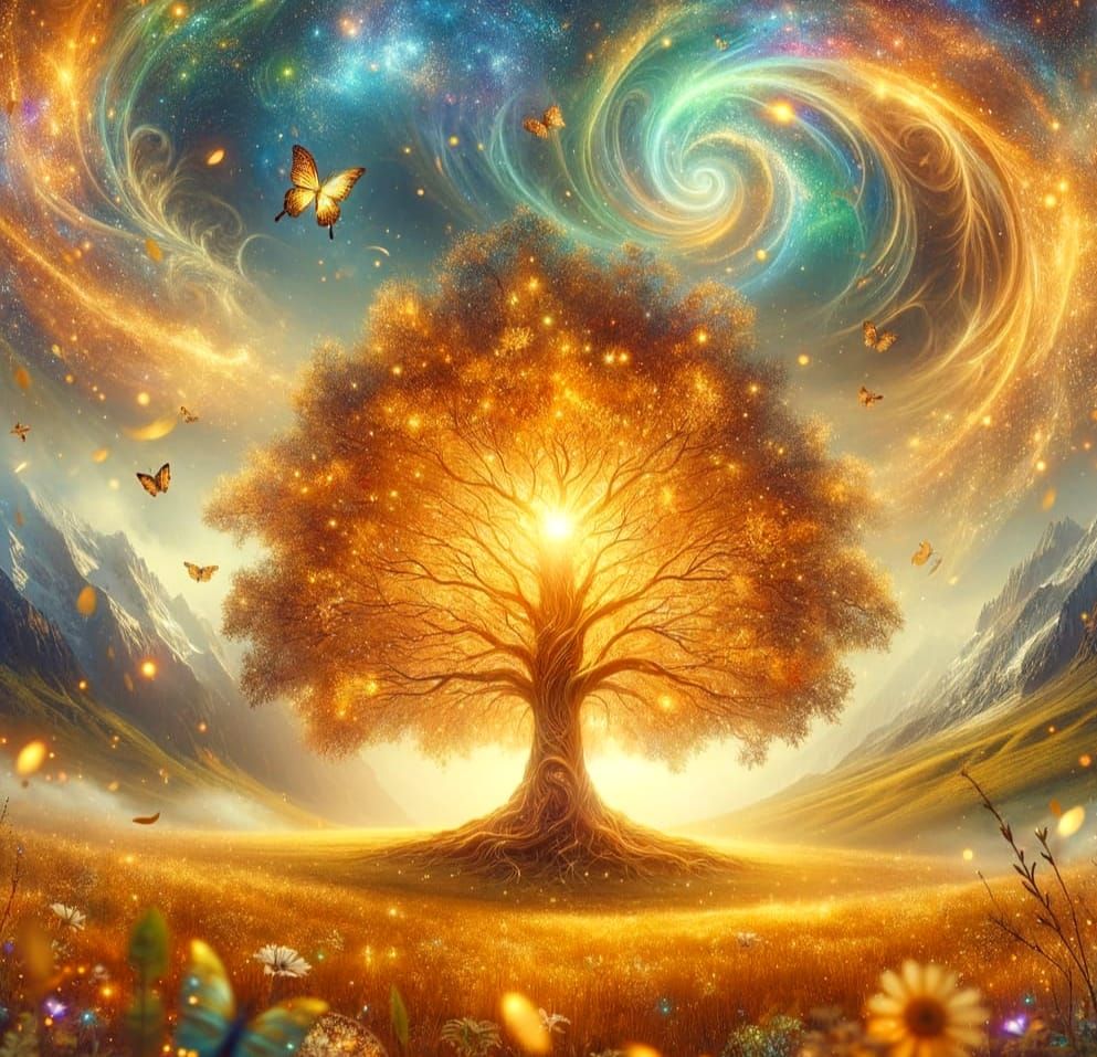 Cosmic Golden Tree in a Magical Meadow