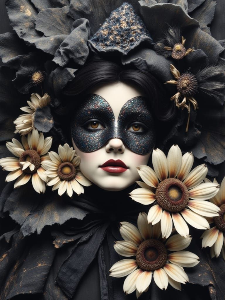 Bohemian Carnival Mask with Iridescent Flowers in Klimt Styl...