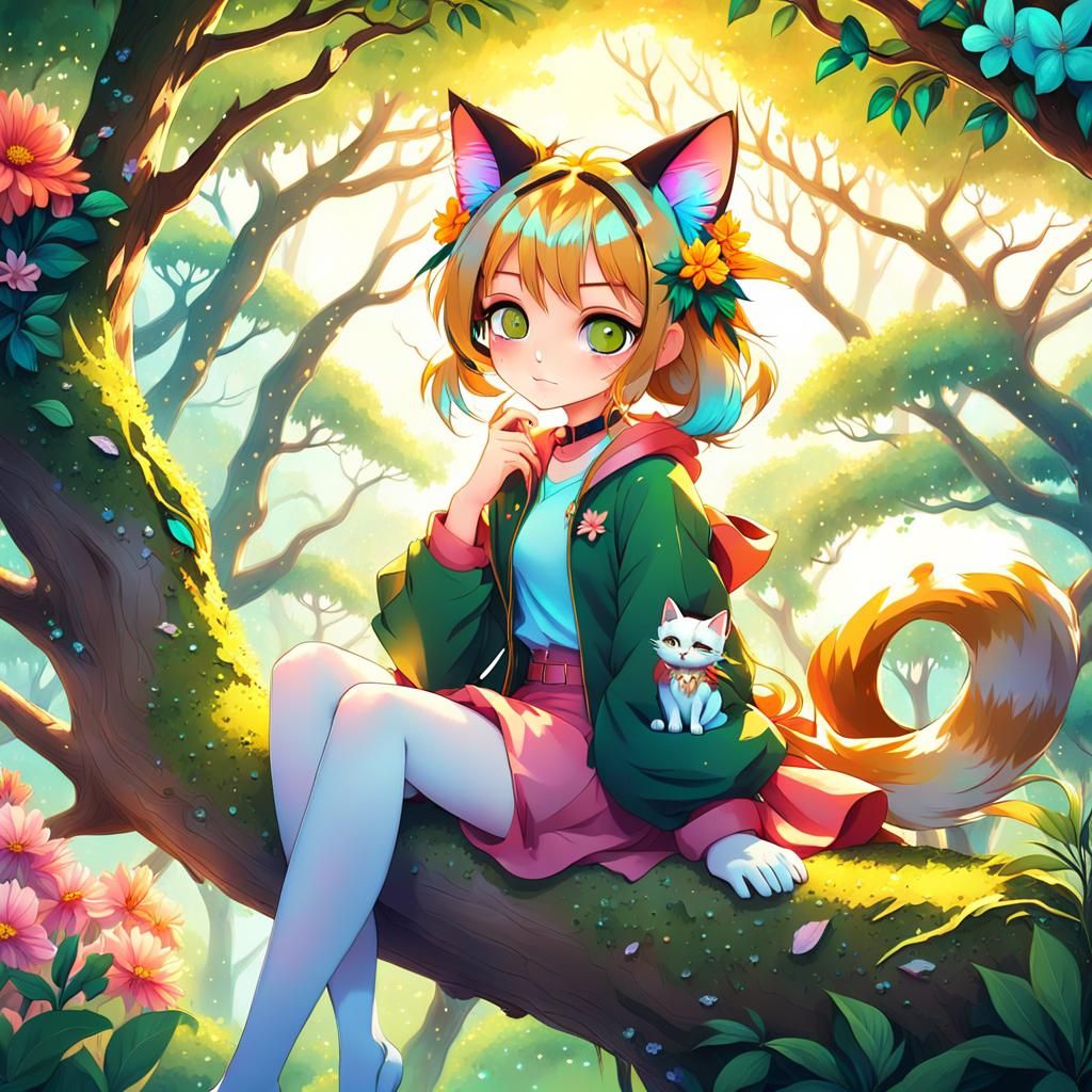 Anime Girl with Cat Features in Lush Setting