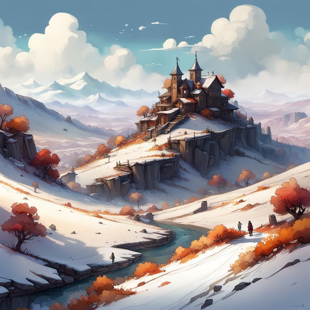 Snowy Rolling Hills Watercolor Concept Art