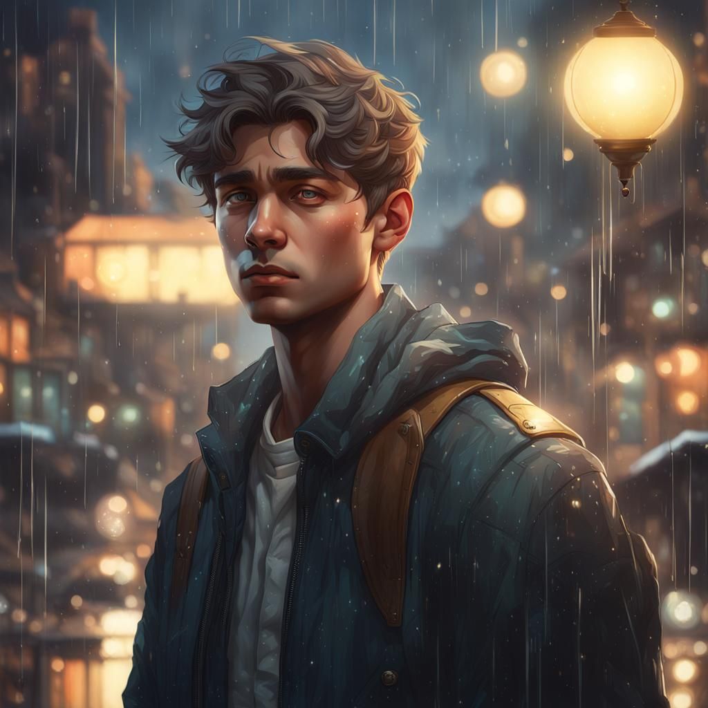 Teenager Gazing at Rain with Orb of Light