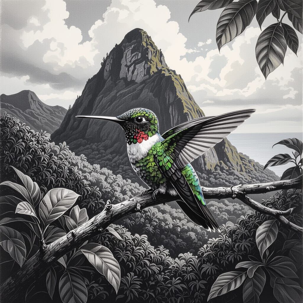 Hummingbird Charcoal Drawing with St Lucia Pitons