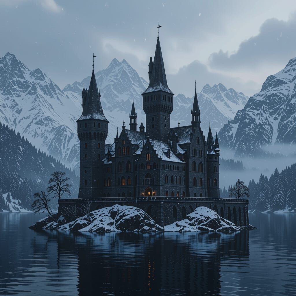 Gothic Castle on Island in Lake, Hyperrealistic Matte Painti...