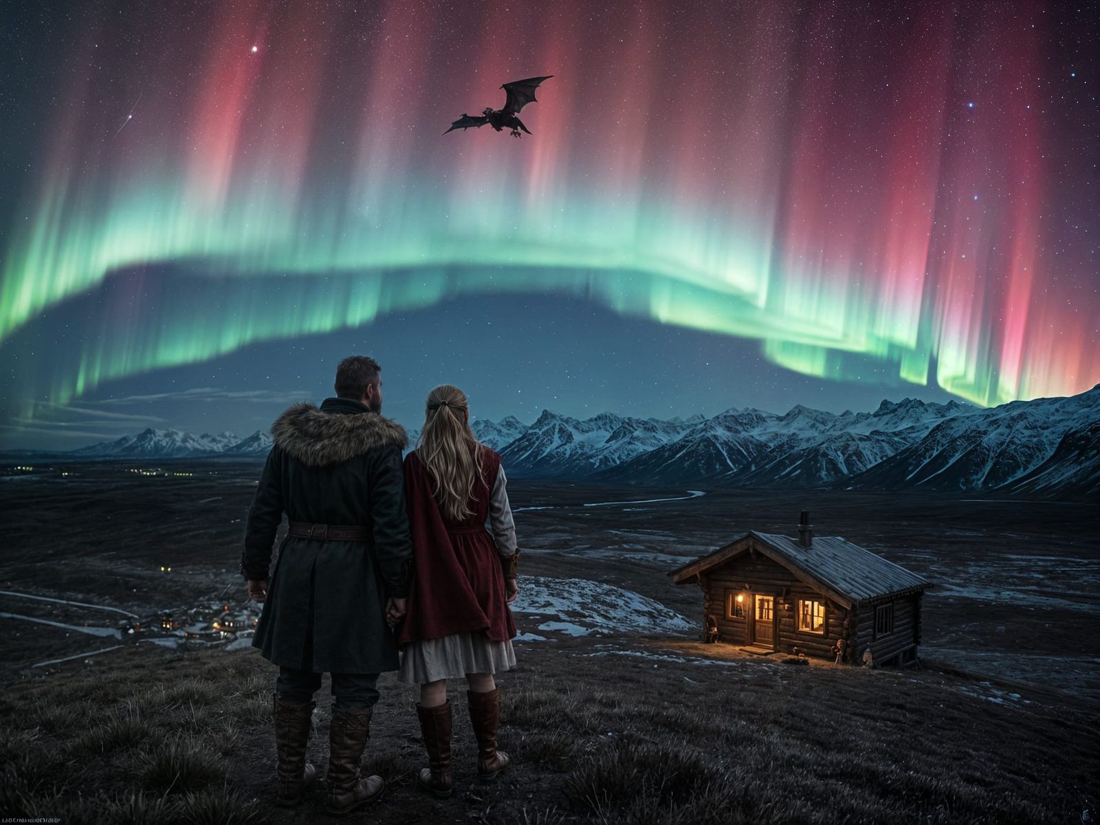 Nordic Cabin Under Aurora Borealis with Viking Couple