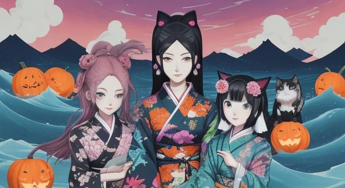 Vibrant Anime Wallpaper with Cats and Surreal Elements