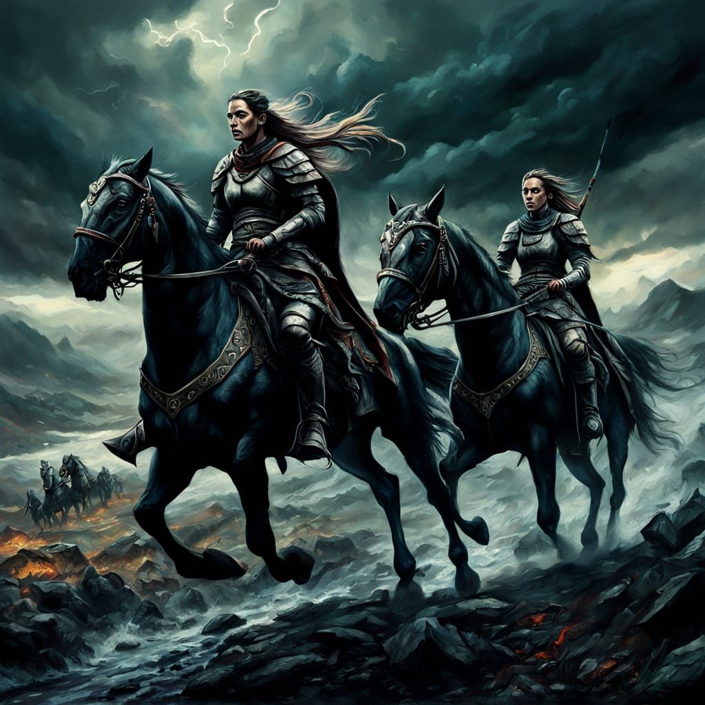 Female Warriors Ride to Battle: Oil Painting