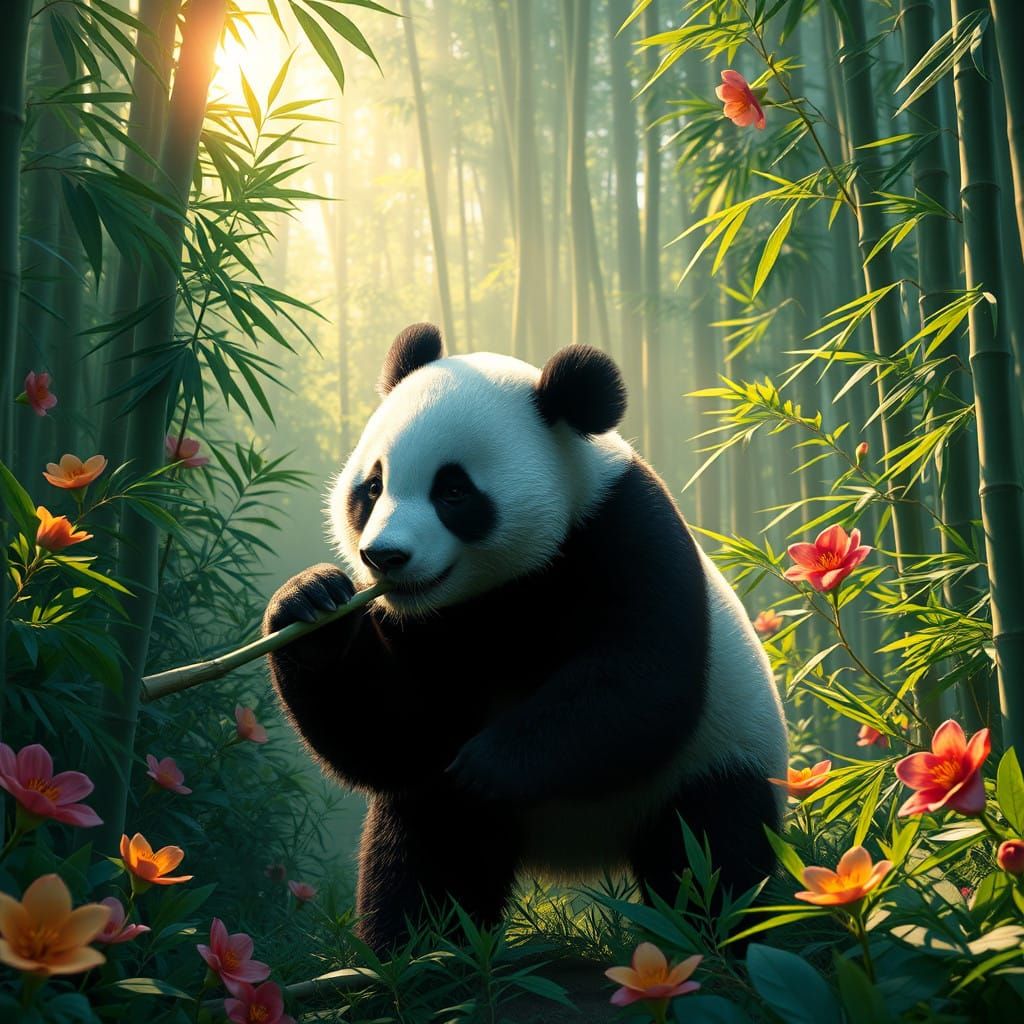 Vibrant Bamboo Forest Scene with a Majestic Panda