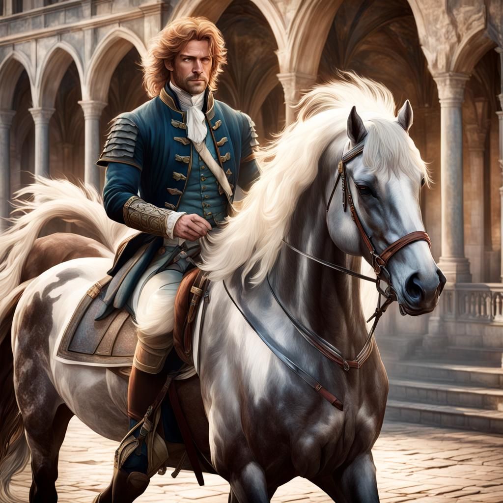 Horseman in a castle courtyard