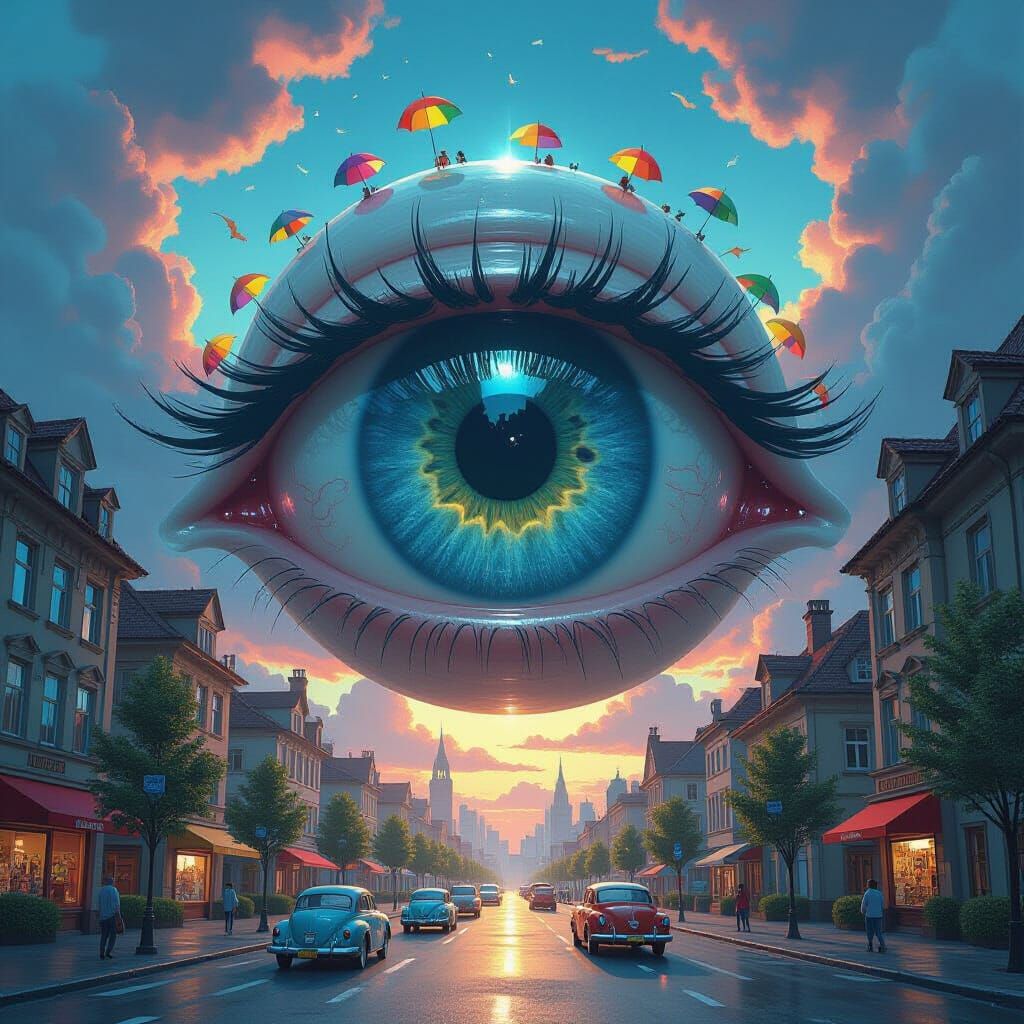 Giant Cartoon Eyeball Hovers Over Cityscape