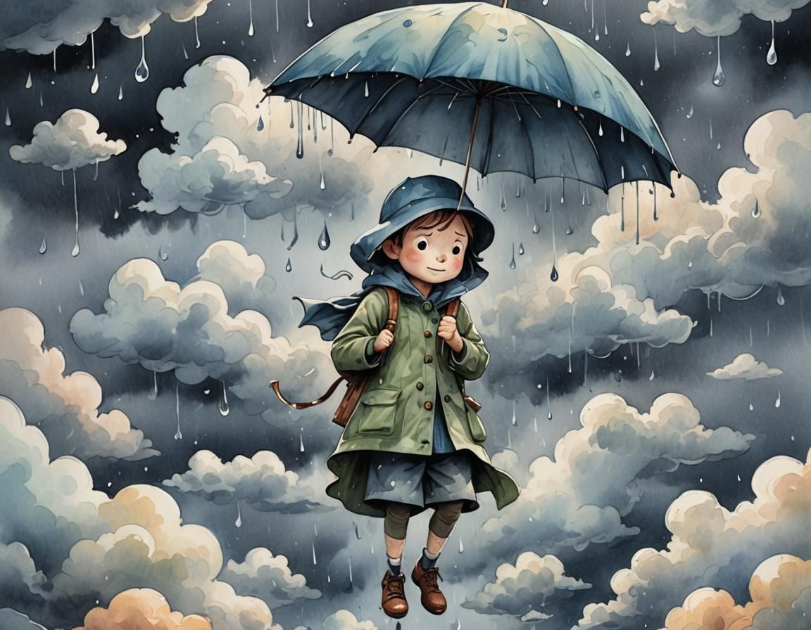 Whimsical Cloud Character in Stormy Watercolor Sky