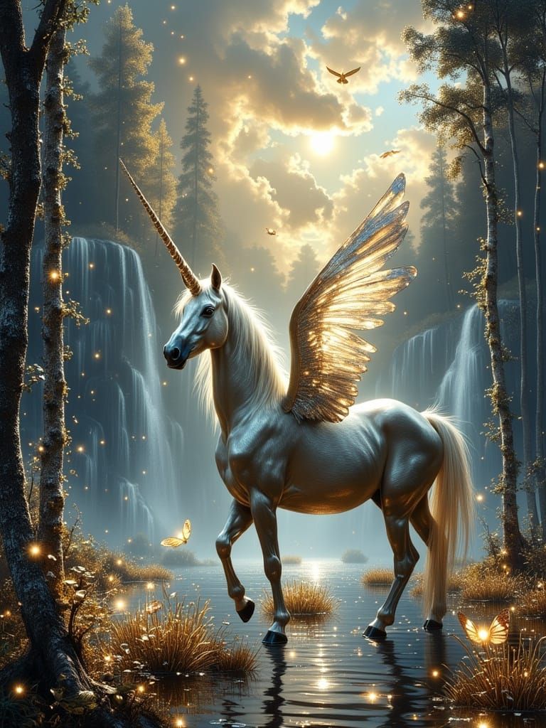 Magical Unicorn in Moonlit Forest with Phoenix