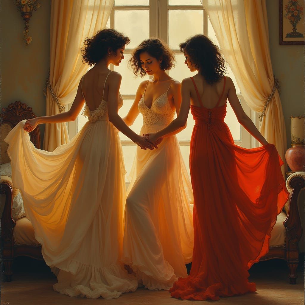Elegant Women Dancing in a Lavish Bedroom