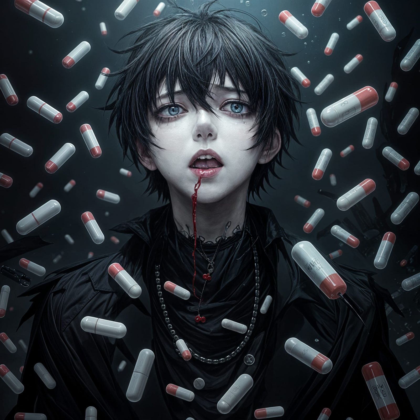 Goth Album Art: Drowning in Pills, Anime Style