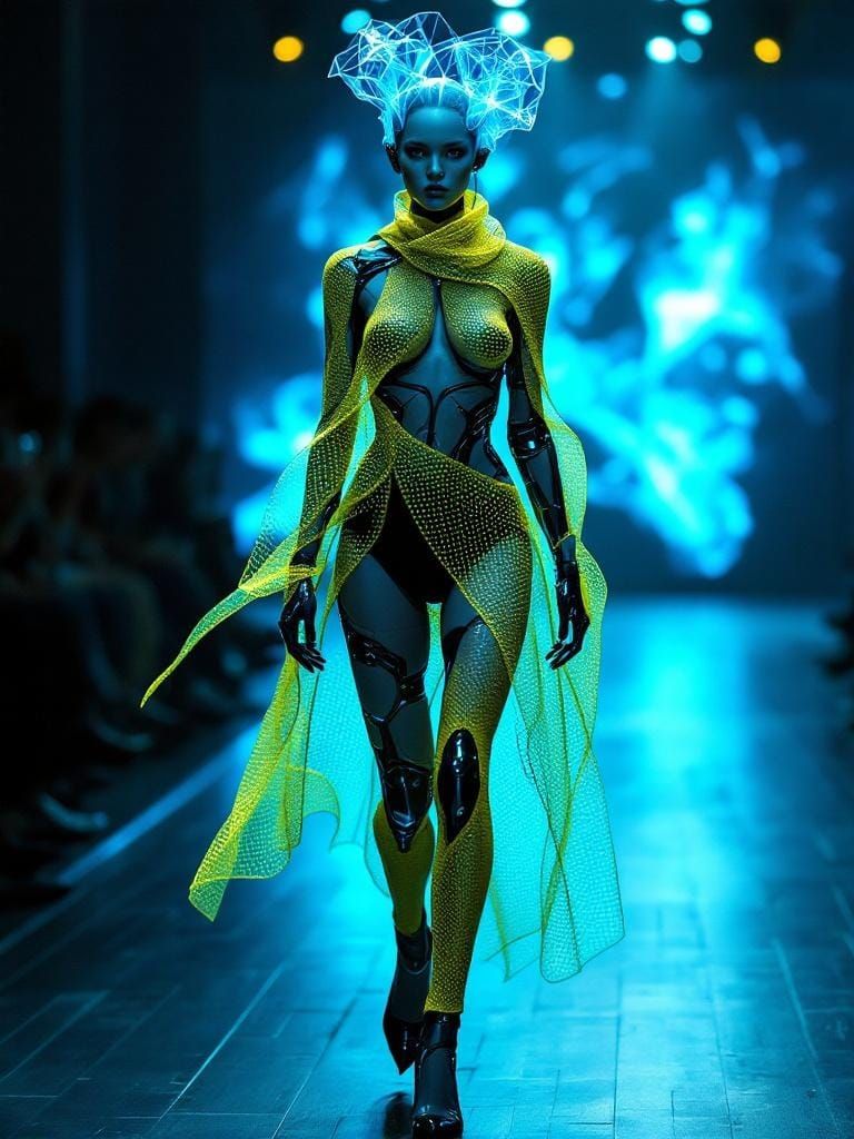 Cybernetic Android on Runway in Avant-Garde Fashion
