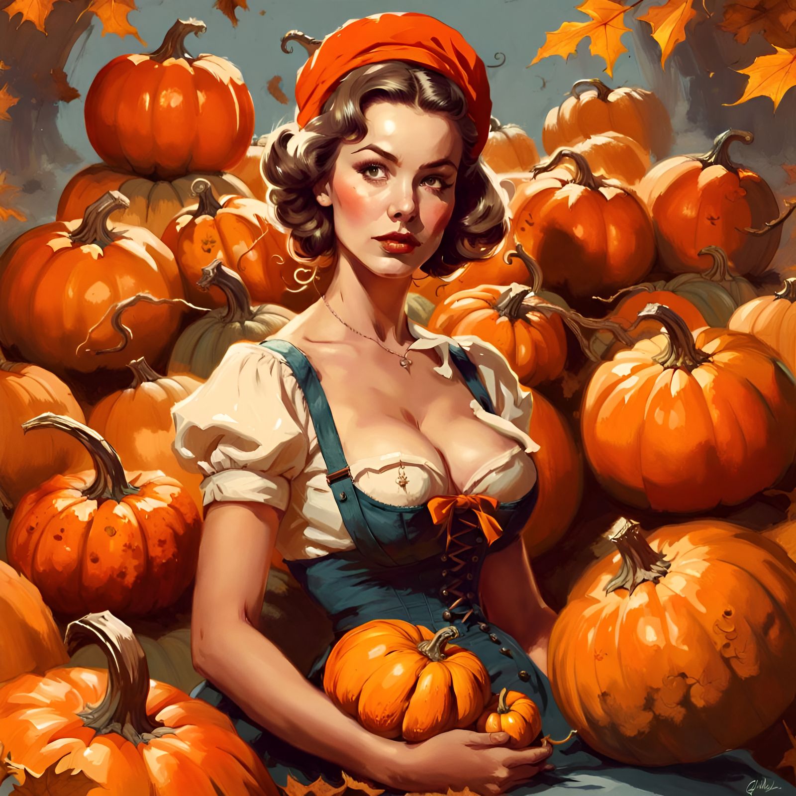 Elegant Woman in Pumpkin Patch, Pin-Up Style