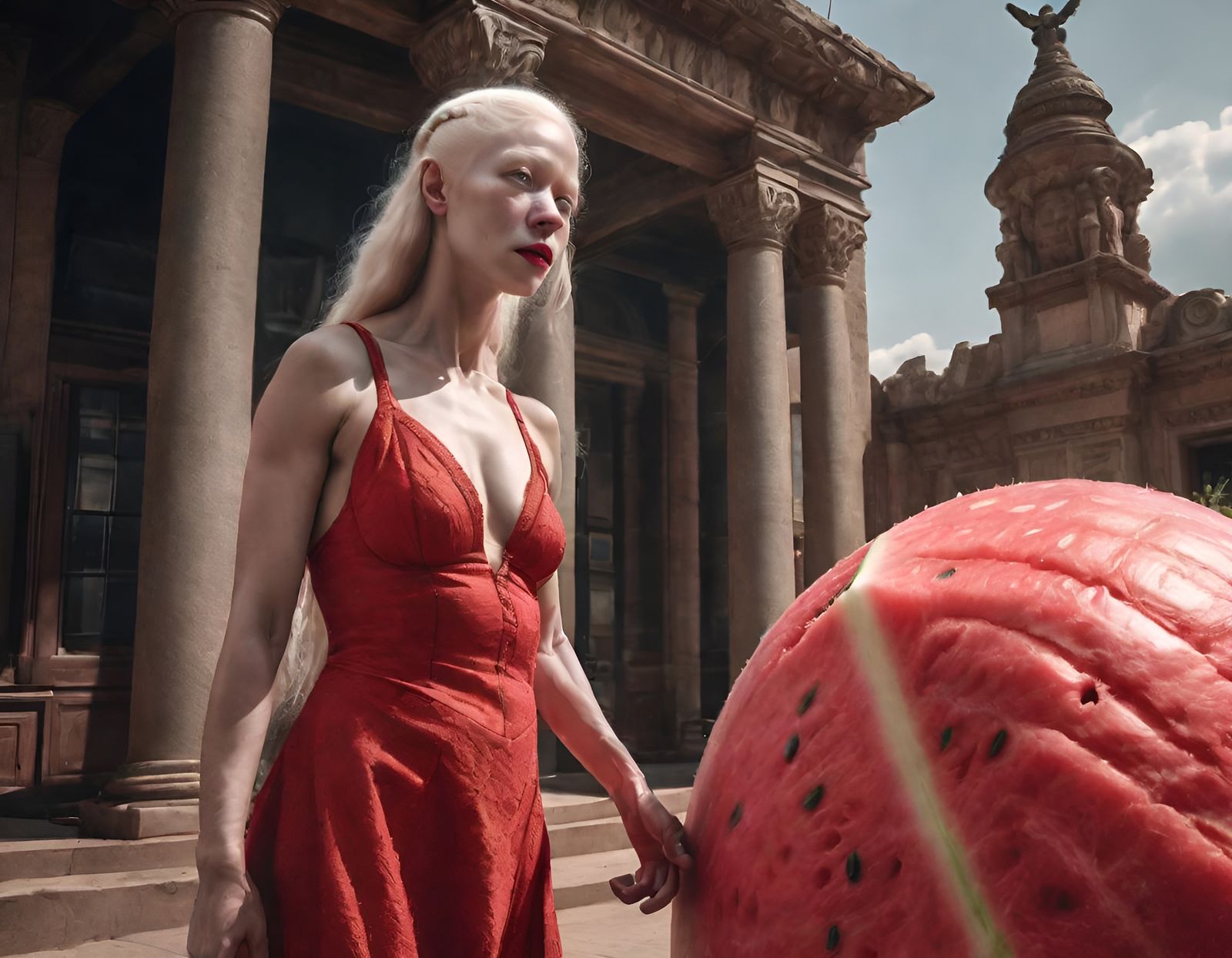 Atlas in Red Dress with Albino Watermelon