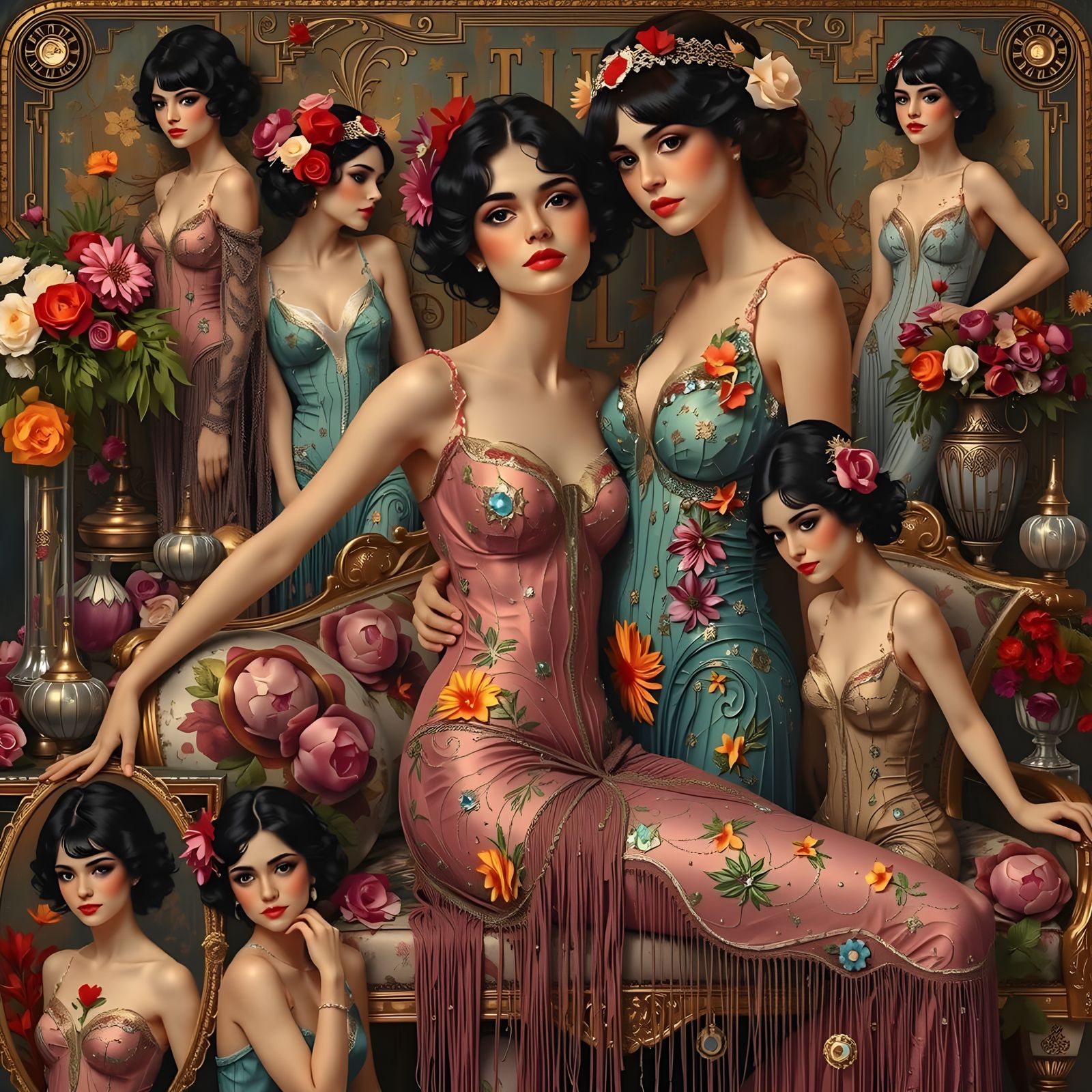 Flapper Girls in Art Deco Interiors as Pin-Up Art