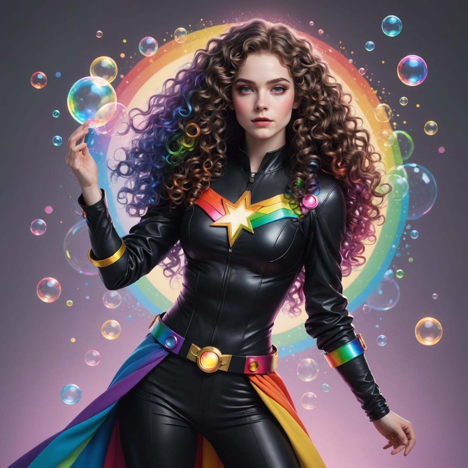 Androgynous Hero with Rainbow Light and Bubbles