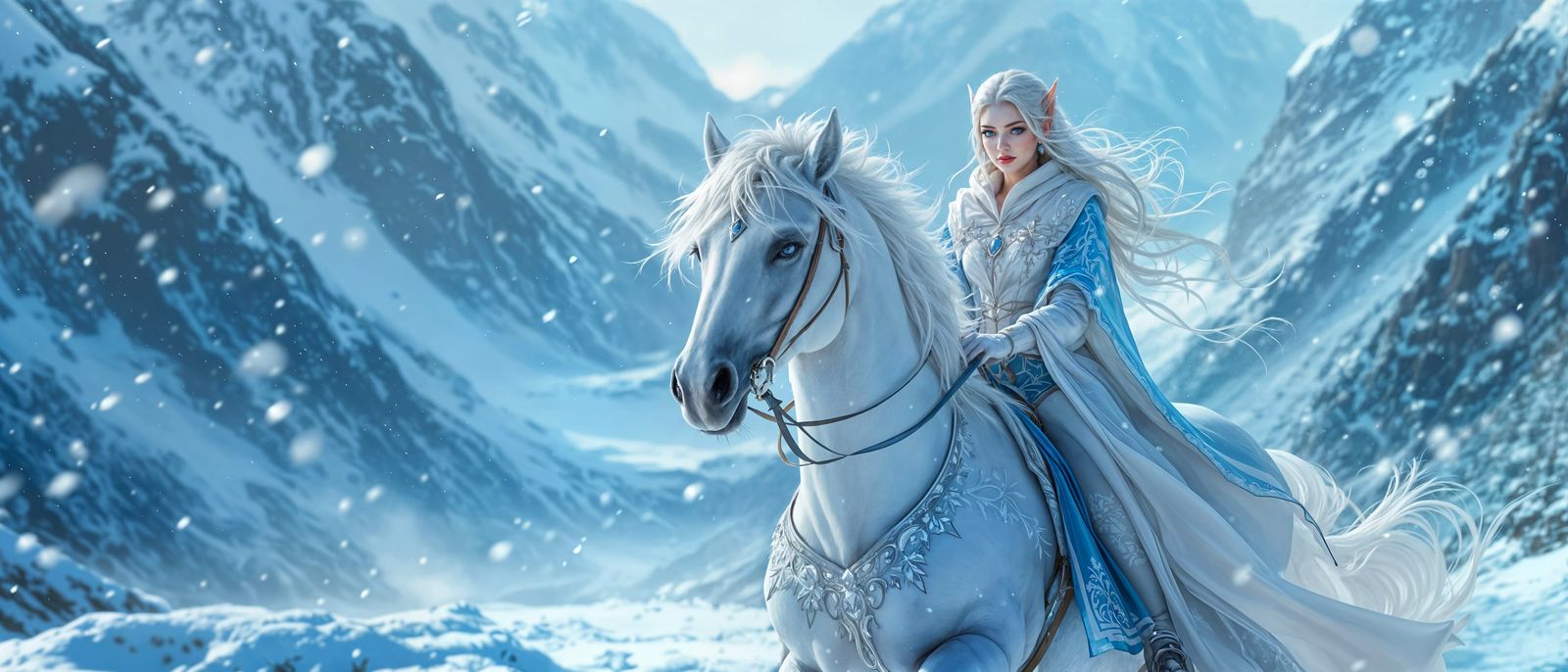 Snow Elf Woman Rides Through Blizzard in Fantasy Art