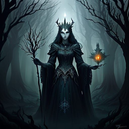 Gothic Sorceress in Moonlit Forest