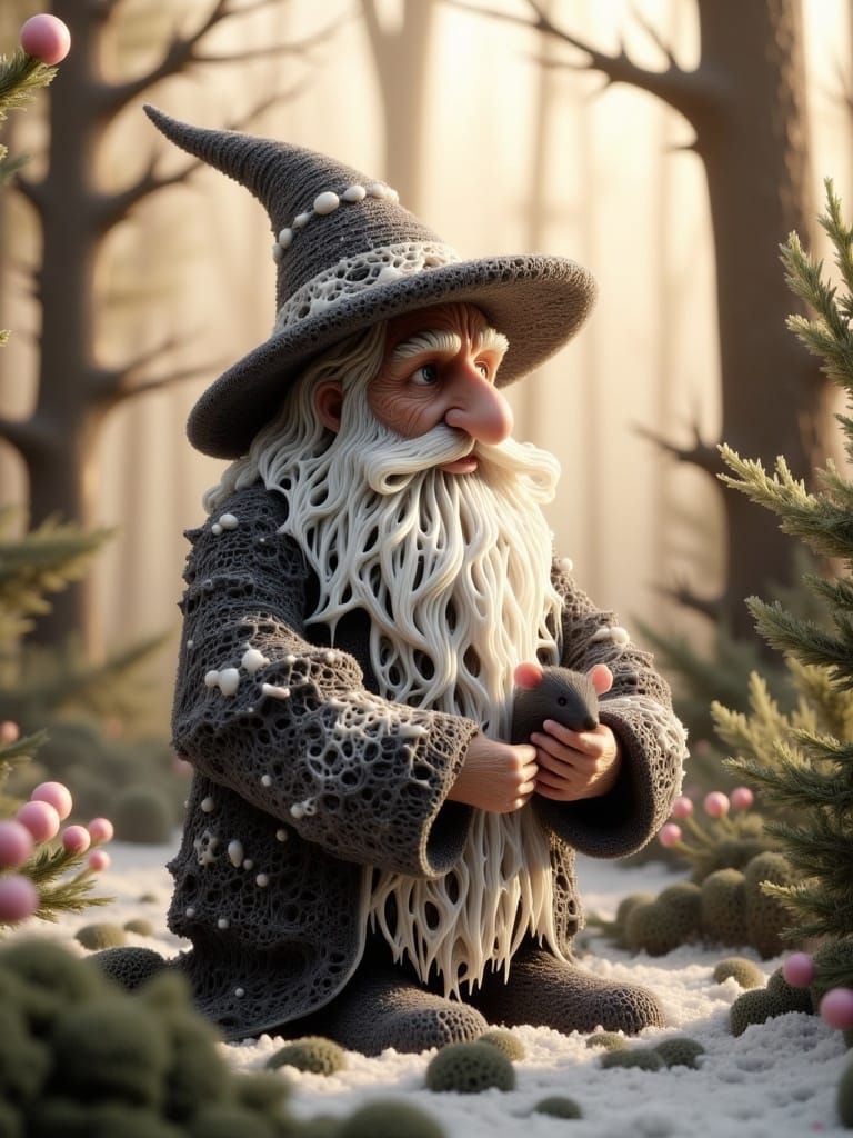 Scandinavian Tomte with Pet Mouse in Sunny Forest