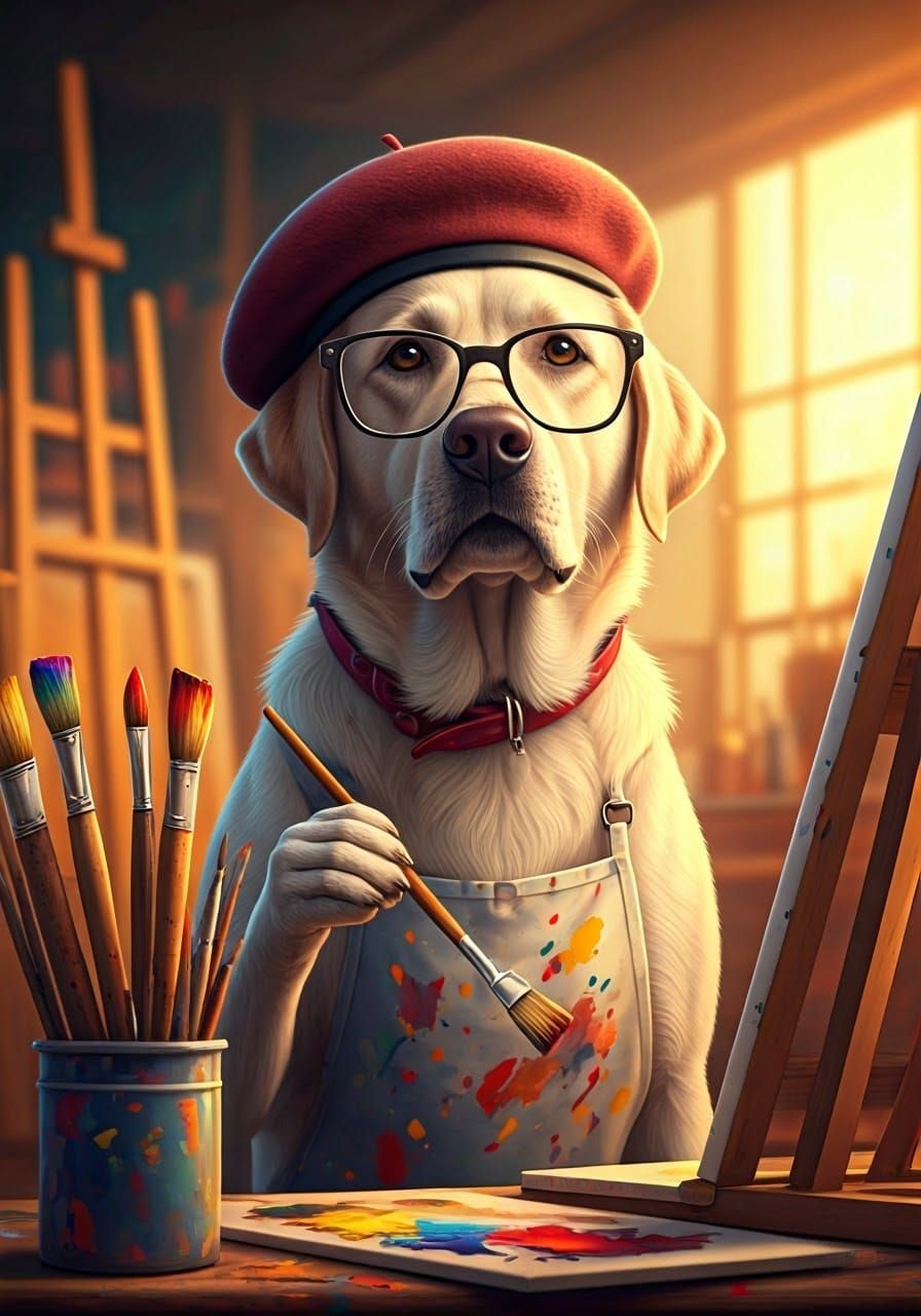 A Labrador dressed as an artist in her studio