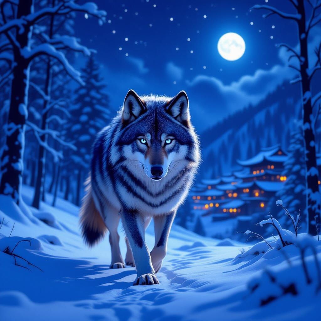 Majestic Wolf in Snowy Forest Under Starry Night