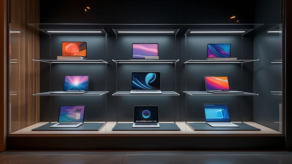 Modern Tech Store Window Display in Warm Amber Tones