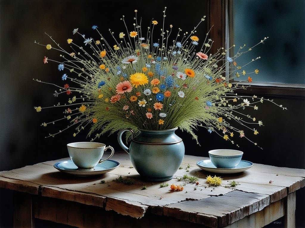 Meadow Blooms in a Chipped Cup: Whimsical Watercolor