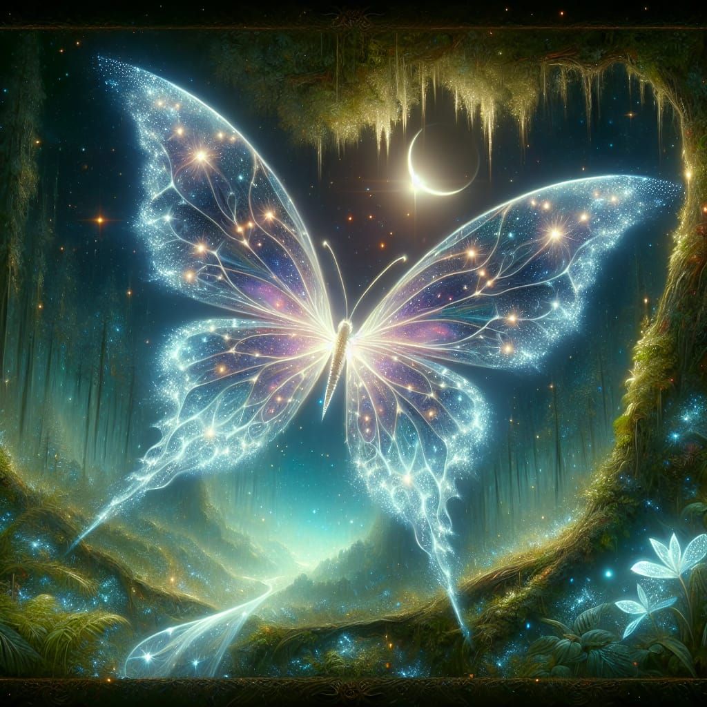 Ethereal Butterfly with Starlight Wings Over Enchanted Fores...