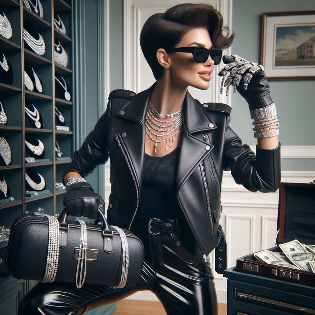 Confident Burglar in Black Leather Jacket and Diamond Jewelr...