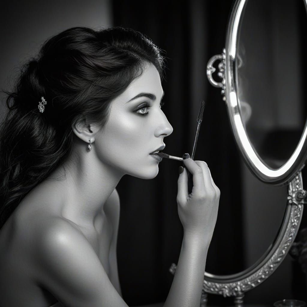 Aphrodite Applying Blue Face Powder in Monochrome Portrait