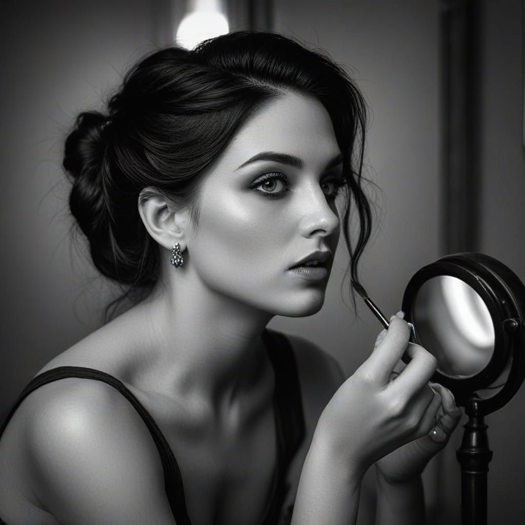 Aphrodite Applying Powder in Monochrome Portrait