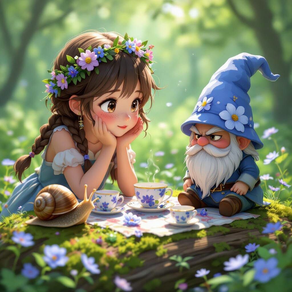 Whimsical Anime Tea Party with Girl and Snail