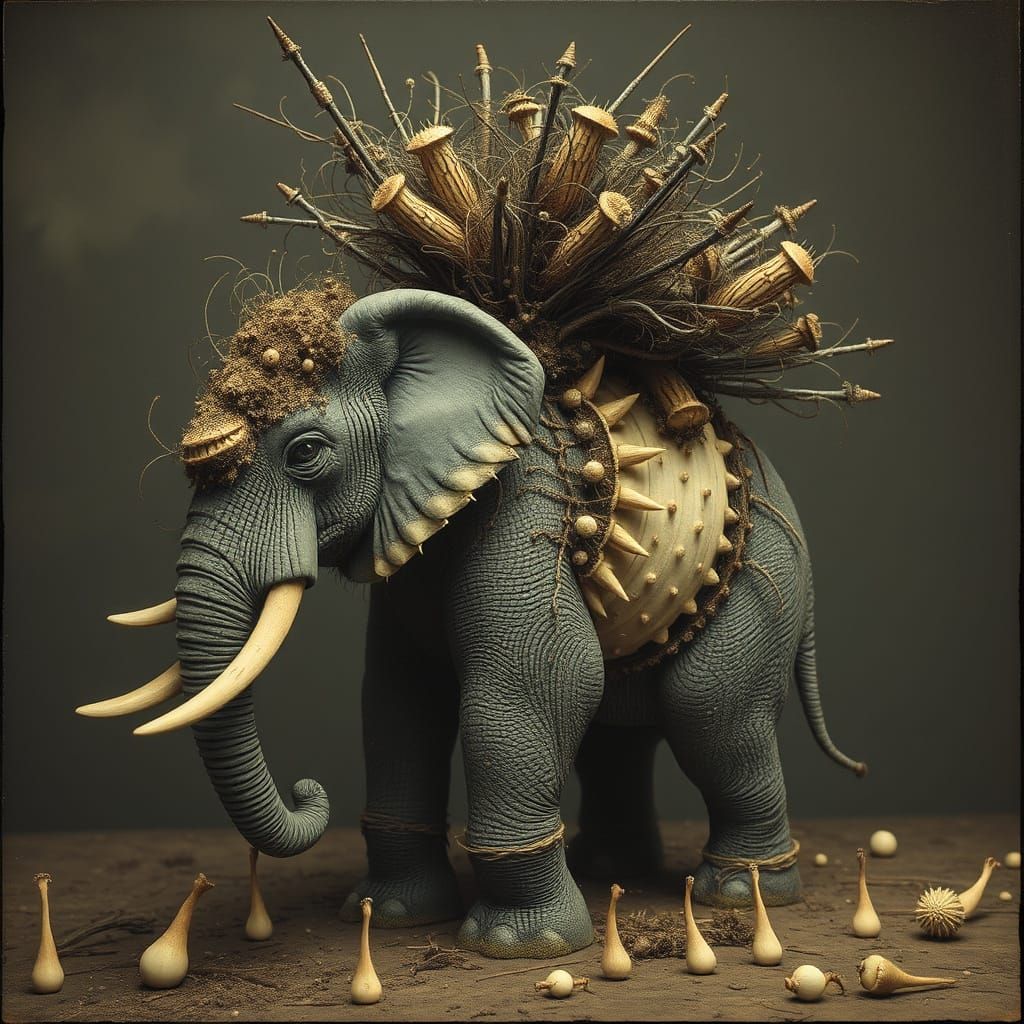 Surreal Dystopian Elephant in a Vintage, Intricately Detaile...