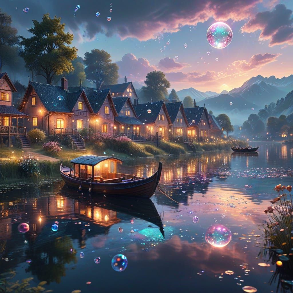 Shimmering Bubble Village: A Digital Art Masterpiece