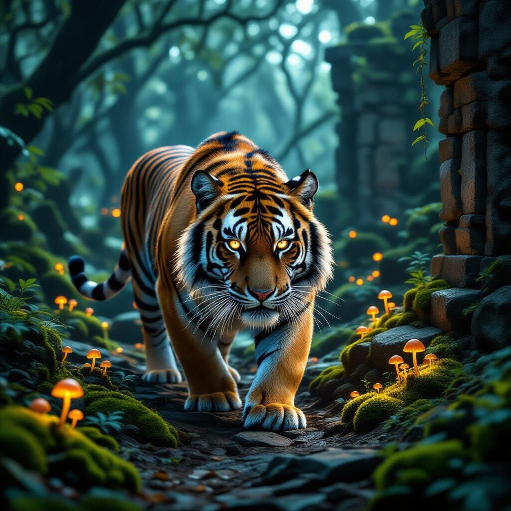 Majestic Glowing Tiger in Bioluminescent Forest Ruins