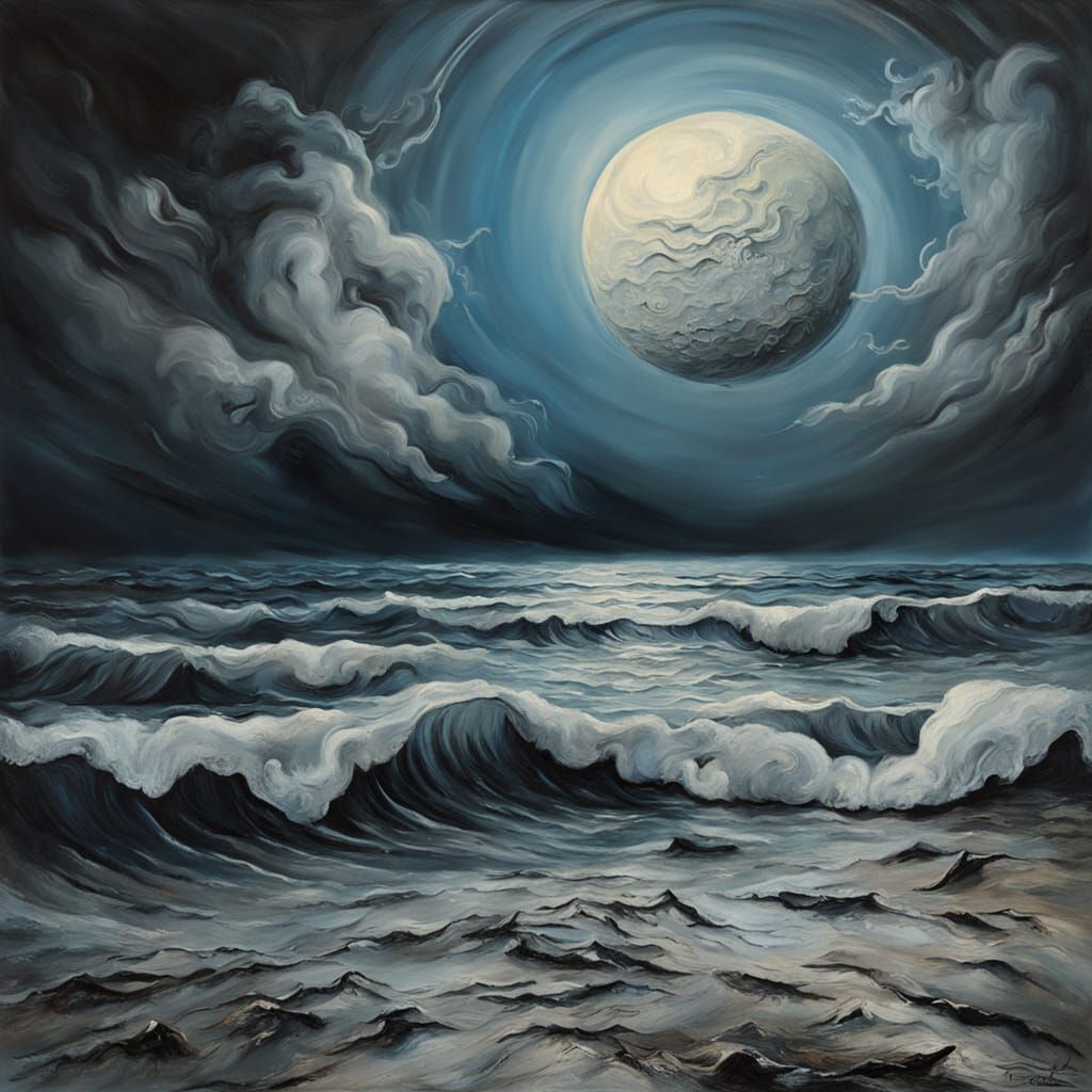 Withered Moon Blown Across Stormy Bay in Surreal Style
